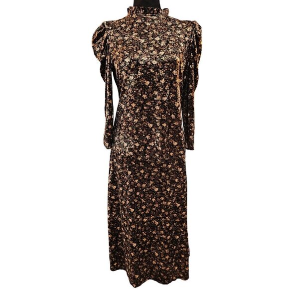 CeCe Black Floral Velvet Skirt w/ Matching Top Ruffle Collar & Puff Shoulders, S - Picture 1 of 7